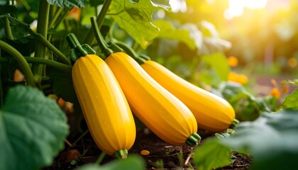 Yellow zucchini growing on plant