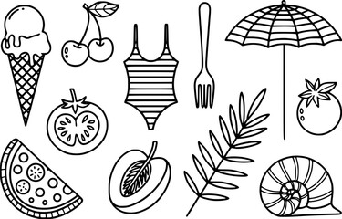 Ice cream cherries swimsuit fork umbrella tomato leaf peach pizza snail cone fruit
