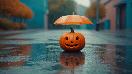 A charming kawaii pumpkin sheltered by an umbrella in the rain. A minimal and playful symbol of autumn weather and harvest season with a cozy vibe.