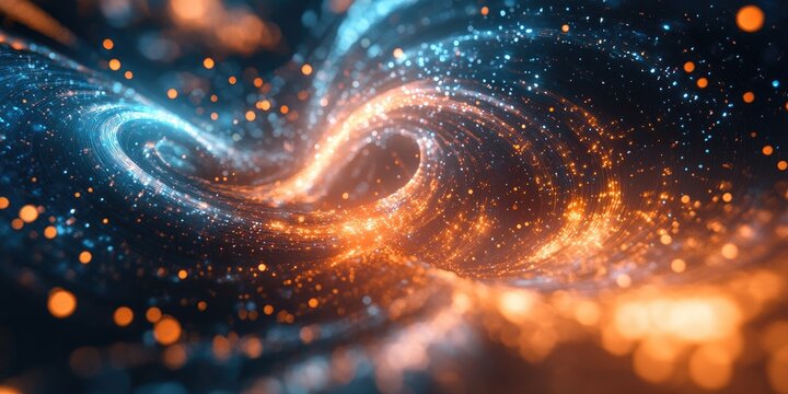 Abstract swirling vortex of glowing particles in orange and blue