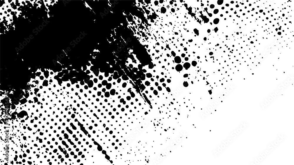Poster vector new style halftone dots modern grunge texture. black ink splatter brush stroke on black halft