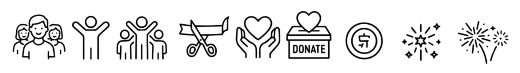 Charity and Social Celebration Vectors, Black Vector Icons of Helping Hands, Donation Box, Ribbon, Group Hug, Heart Support, and More, Editable Formats: AI, EPS, JPG, PNG, Ideal for Both Digital 