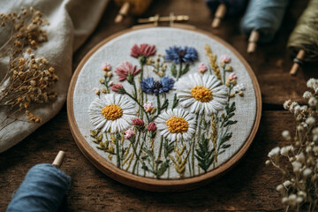 Embroidered floral artwork displayed on a wooden table surrounded by colorful threads and dried flowers