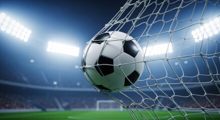 Soccer ball in the net during a night game at a stadium with bright lights and fans watching