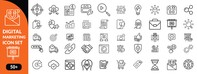 Digital Marketing Line Editable Icons set. Vector illustration for web and mobile app. Marketing related icons advertising, ecommerce, seo, content, streaming, website, social media, and more