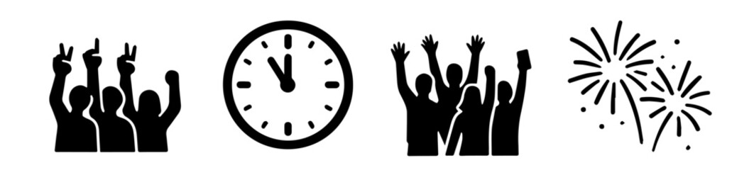 Countdown and Party Scene, Black Vector, Clock, Fireworks, Streamers, Dancing People, Confetti, and More, Editable Formats: AI, EPS, JPG, PNG, Ideal for Both Digital and Print Use

