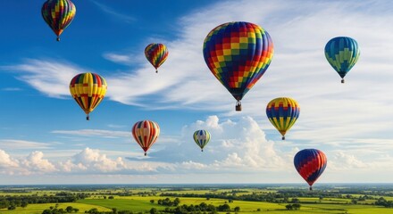 Obraz premium Vibrant hot air balloons soar across a clear blue sky above a lush green landscape on a beautiful sunny day