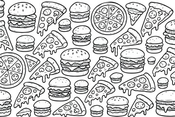 Seamless Pattern of Pizza and Burger Fast Food Doodles