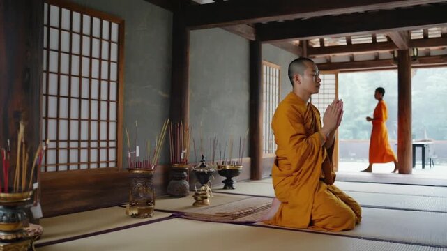 お坊さんの厳かな祈り、寺院で唱えるお経
