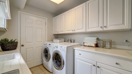 White laundry room with cabinets, washer/dryer, sink