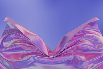 The wrinkled iridescent cover reveals the blue background with copy space area for captions. 3d render