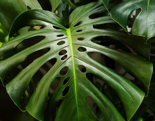 lush monstera leaves with prominent holes and rich green color