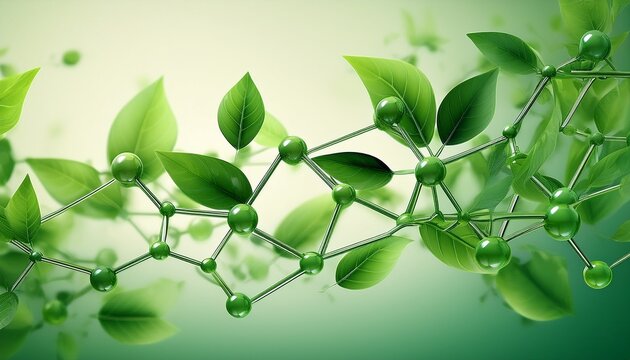 green molecular structure with leaves on light background symbolizing eco friendly science
