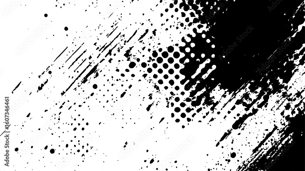 Poster vector new style halftone dots modern grunge texture. black ink splatter brush stroke on black halft