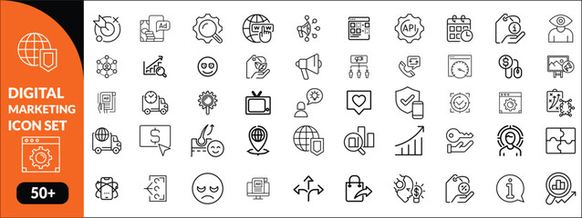 Digital Marketing Line Editable Icons set. Vector illustration for web and mobile app. Marketing related icons advertising, ecommerce, seo, content, streaming, website, social media, and more