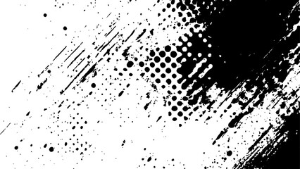 Vector new style halftone dots modern grunge texture. Black Ink splatter brush stroke on black halftone dots abstracts white background. Vector abstract splashes and dotted paint distressed halftone 	