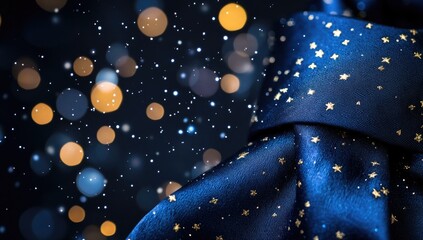 Close-up of a navy blue tie with gold stars, against a background of blurred, sparkling lights