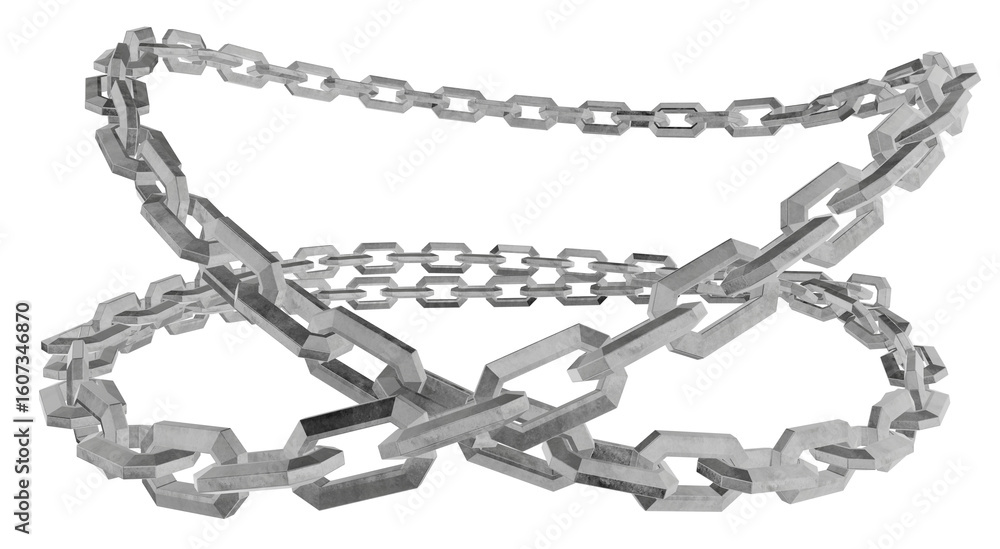 Poster a dynamic 3d render of geometric metal chains, intricately interwoven to form an abstract, modern co
