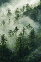 Misty mountain forest. Lush green trees rise through a thick fog