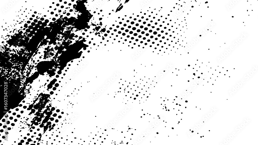 Poster vector new style halftone dots modern grunge texture. black ink splatter brush stroke on black halft