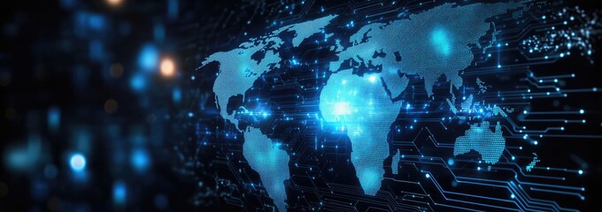 Global digital network.  World map overlaid with circuit board design, glowing with light blue accents.  Abstract background features blurred, dark-toned highlights