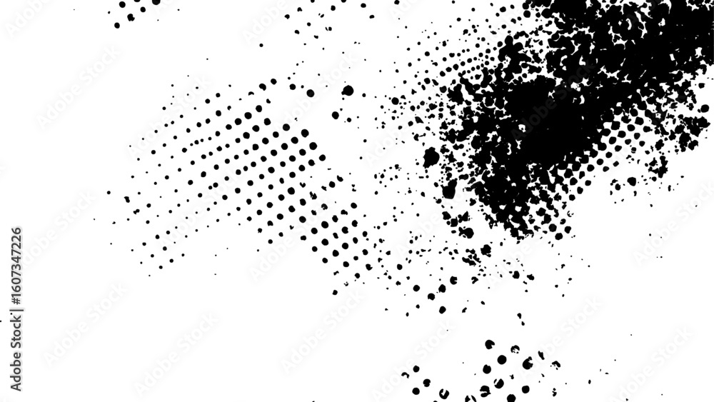 Poster vector new style halftone dots modern grunge texture. black ink splatter brush stroke on black halft
