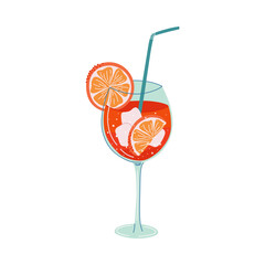Refreshing Aperol Spritz Cocktail with orange slice. Glass with beverage and straw. Cool Summer lemonade. Alcohol drink, traditional Italian aperitif. Hand drawn flat design vector illustration.
