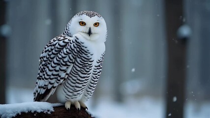 Snowflakes swirl around vigilant snowy owl perched pine branch moody monochrome K capturing majestic winter wildlife essence conservation films holiday greeting - Powered by Adobe