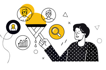 Digital marketing lead generation and customer acquisition process illustration, showcasing a sales funnel with user profiles, a magnifying glass for targeting, and a growth chart for conversion rate 