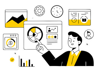 Data analysis and business intelligence concept with a male character interacting with dashboards, charts, and financial reports, ideal for digital marketing, project management, and strategic plannin