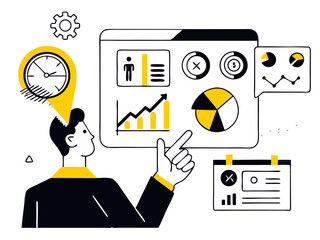 Business analytics dashboard with data visualization, time management, and financial growth concepts, perfect for digital marketing, financial planning, and project management presentations.

