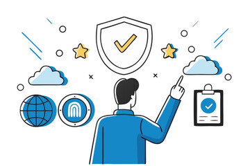 Global Cloud Security and Biometric Authentication with Verified Protection and Business Compliance, Vector.

