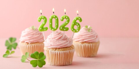 happy new year, new yera's eve, celebration greeting card - 2026 year candles on pink cupcakes with four-leaf clover