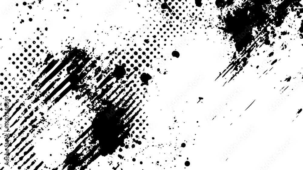 Poster vector new style halftone dots modern grunge texture. black ink splatter brush stroke on black halft