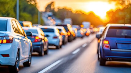 Colorful bokeh effect captures traffic lights and cars on a city street at dusk, creating an abstract urban landscape for design purposes
