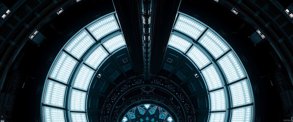 Naklejka premium Futuristic Circular Structure with Blue Lights in a Sci-Fi Atmosphere