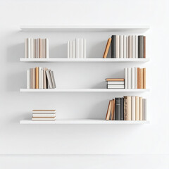 Minimalist white floating shelves with neatly arranged books in neutral tones create calm and organized atmosphere in room