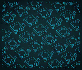 LED matrix RGB LED chips on a rigid PCB close up isometric blueprint