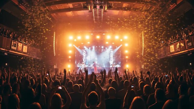 Energetic live concert performance with ecstatic audience raising hands in celebration and glowing confetti effect