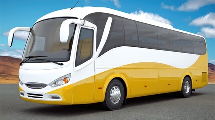 Modern fleet of yellow and white electric city buses parked in an industrial park against a blue sky