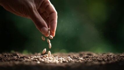 Hand Sowing Seeds: A close-up shot of a hand gently sowing seeds into fertile soil, symbolizing growth, new beginnings, and agricultural harmony. 
