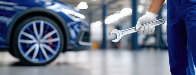 Car mechanic works on vehicle engine with wrench in hand under hood while wearing blue uniform and gray gloves