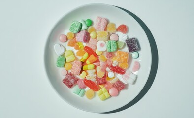 Colorful candies and sweets on a white plate
