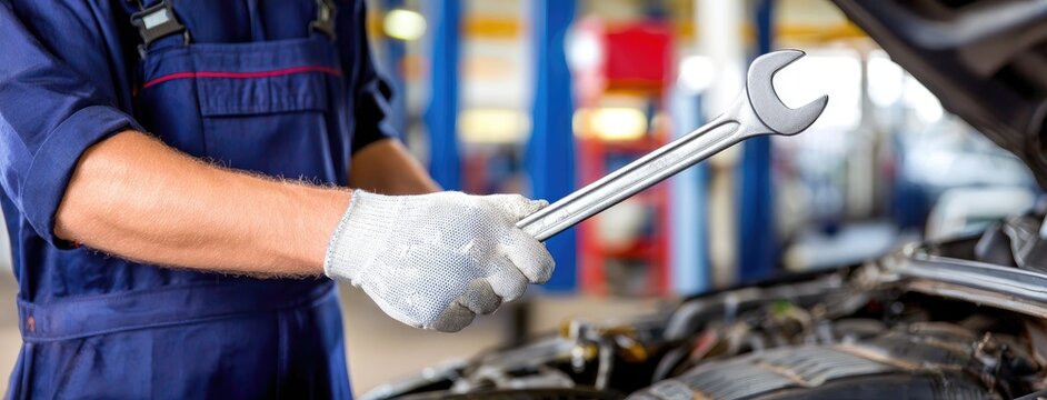 Car mechanic works on vehicle engine with wrench in hand under hood while wearing blue uniform and gray gloves - Powered by Adobe