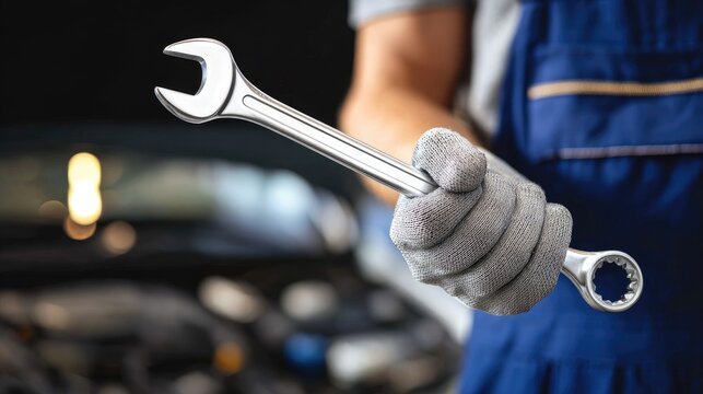 Car mechanic works on vehicle engine with wrench in hand under hood while wearing blue uniform and gray gloves