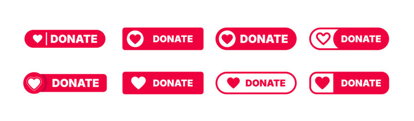 Donate button set Red button donate with heart symbol Charity button