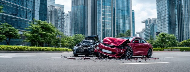 Cars collide at an intersection in a busy urban environment highlighting the impact of traffic accidents on road safety and city life