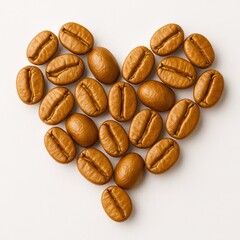 Heart shape formed by roasted coffee beans on a plain white background