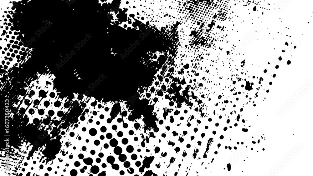 Poster vector new style halftone dots modern grunge texture. black ink splatter brush stroke on black halft
