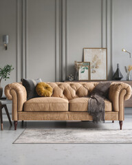 Elegant Beige Sofa with Decorative Pillows and Artistic Wall Decor in Modern Living Room